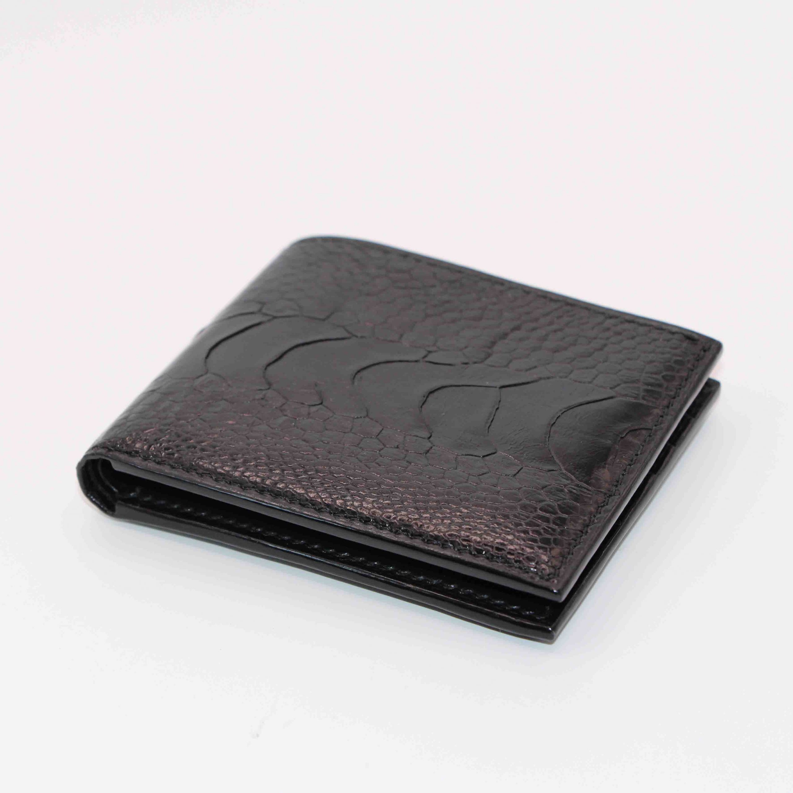 Aria-ostrich-leg-black-bifold-handmade-squared-leather-wallet-main Aria Ostrich Leg Leather Horizontal Bifold Wallet - Image 1